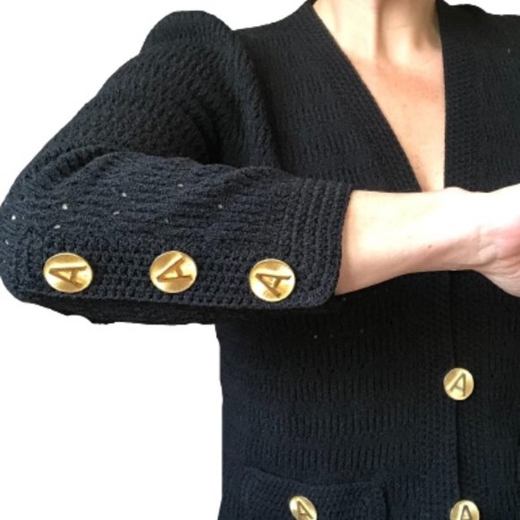 Vtg 70s ADOLFO New York Gold A Button Pointelle Knit ILGWU USA Cardigan Blazer - Picture 4 of 16